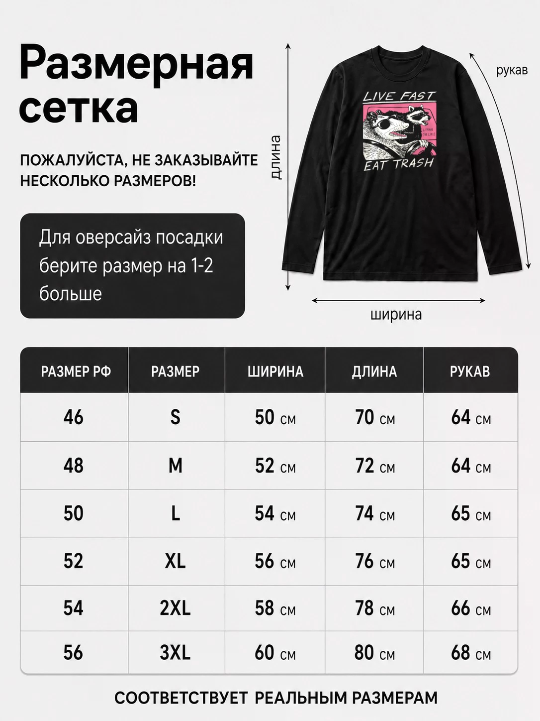 Детали: Лонгслив Живи быстро, ешь мусор, мем